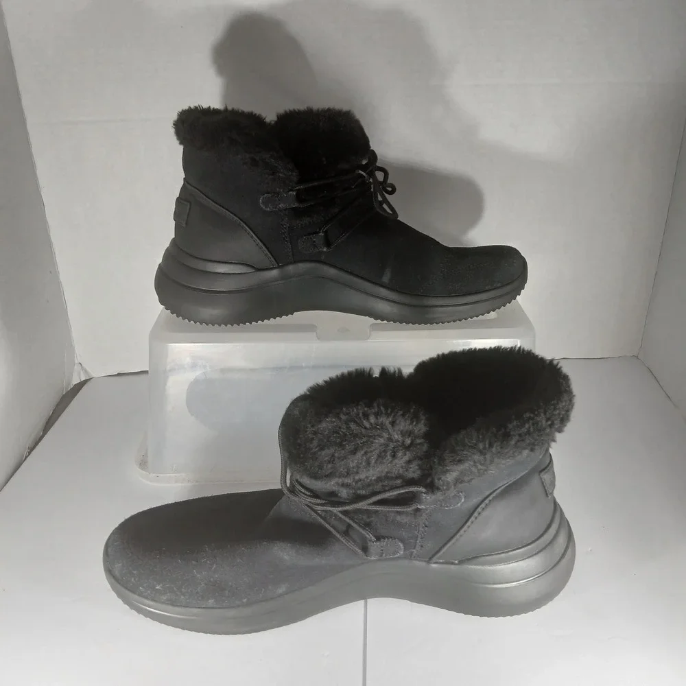 Skechers‎ On-the-GO Joy Boots 9 Black Faux Fur Suede Winter Cozy Gorpcore 144271
